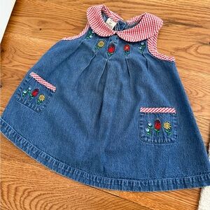 Vintage Copper Key Denim Toddler Dress with red Gingham Collar and Flowers 2T